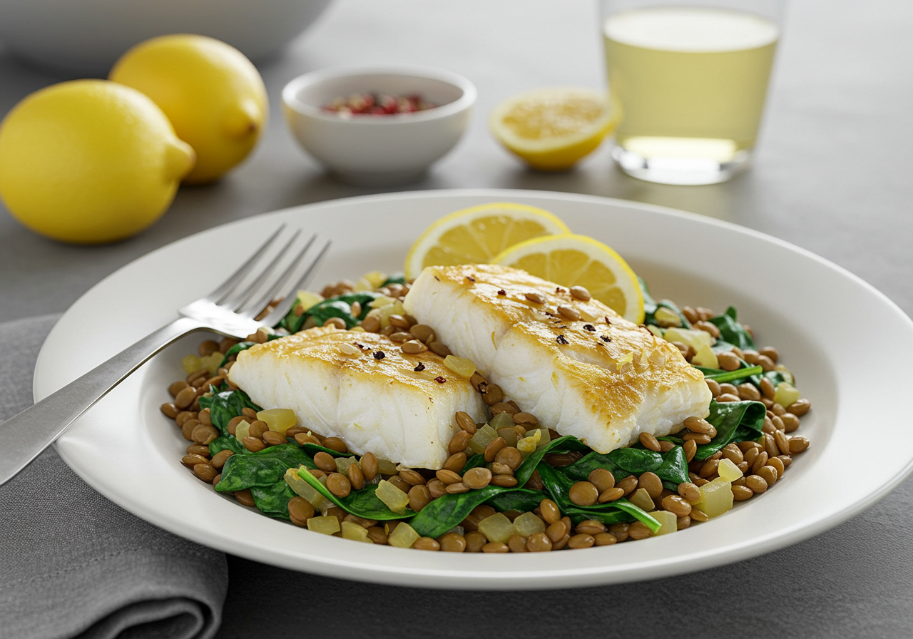 Lemony Lentil and Cod Skillet with Spinach