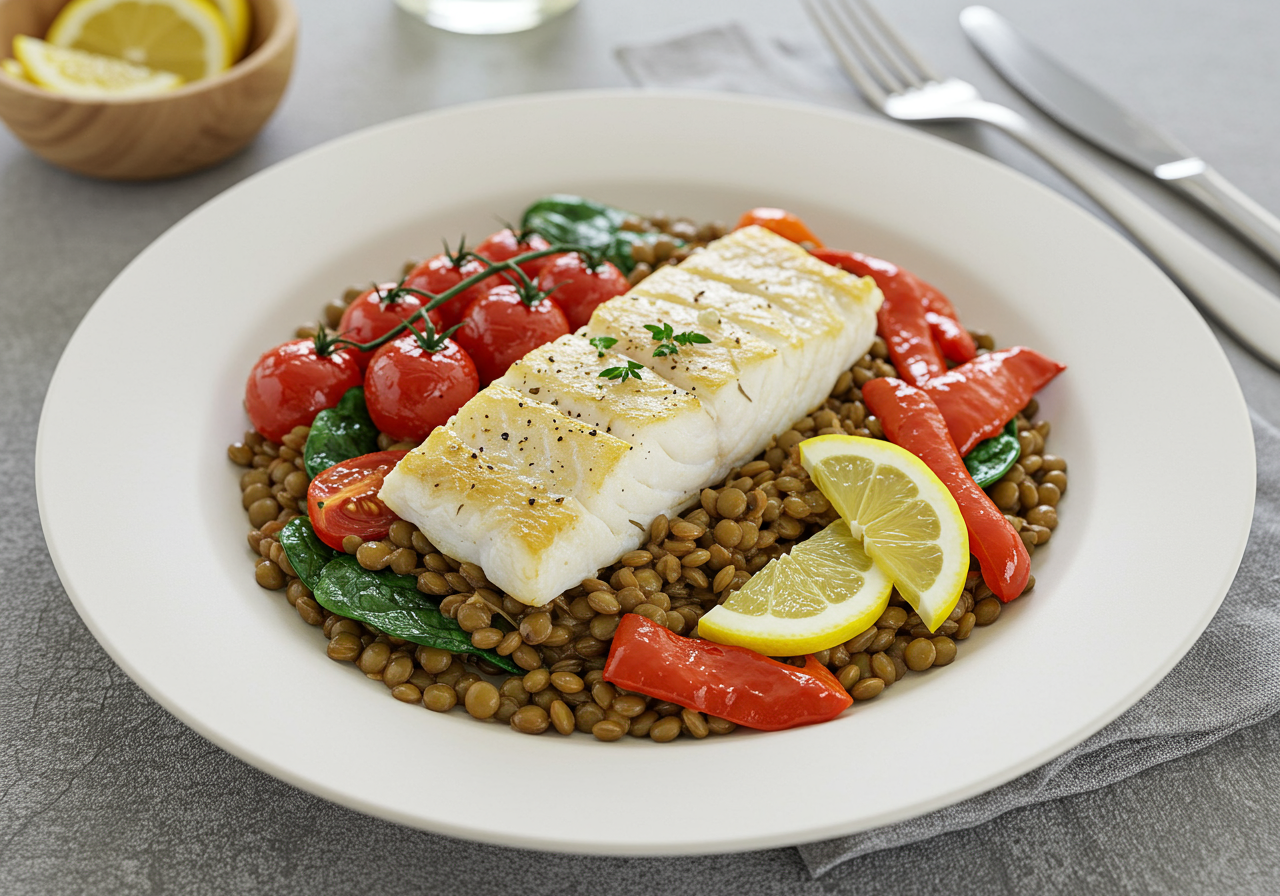 Mediterranean Baked Cod with Savory Lentils & Peppers
