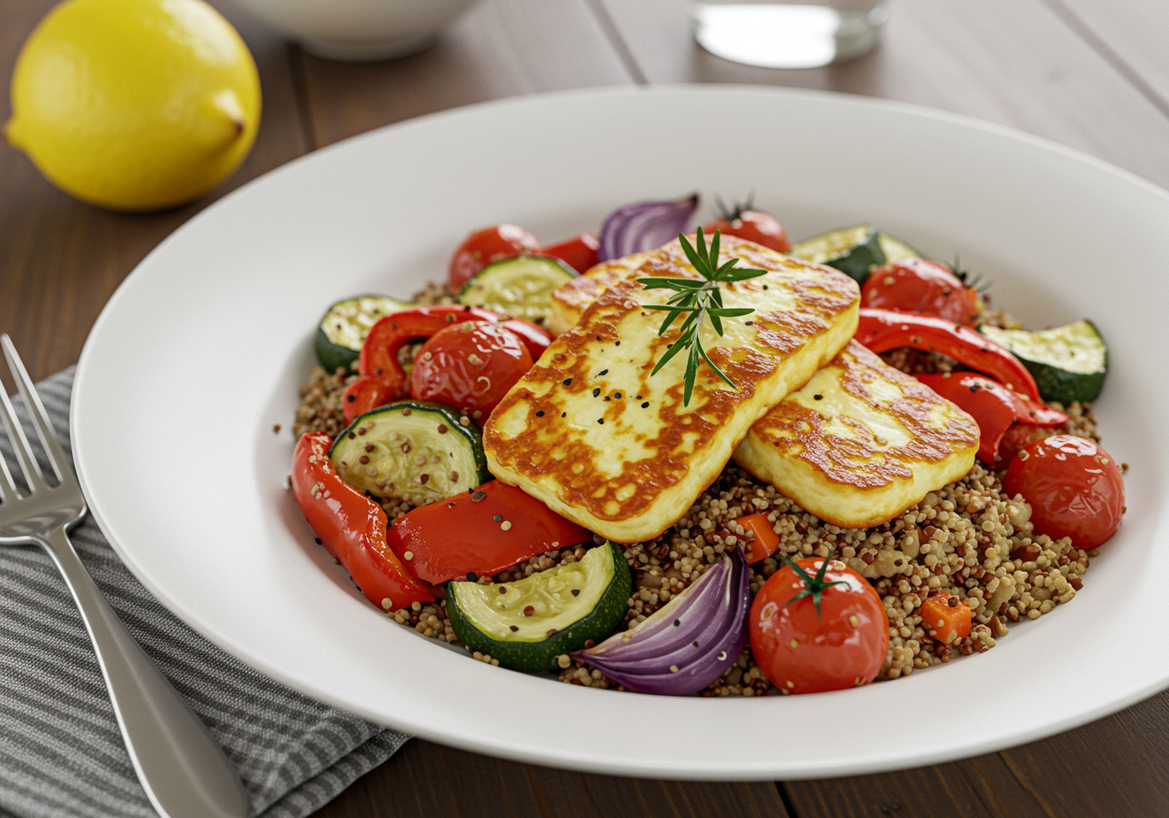 Mediterranean Baked Halloumi with Roasted Vegetables & Quinoa